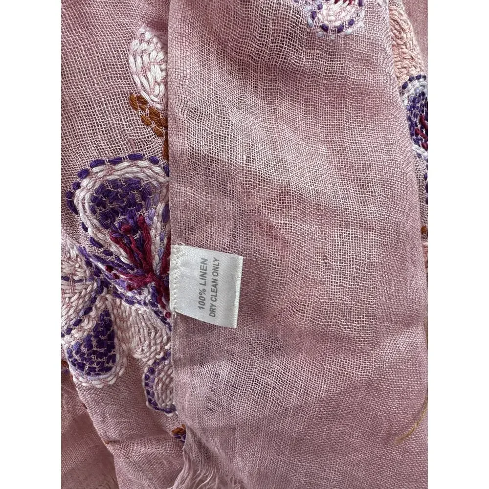 Pink Scarf Linen Embroidered Needle Floral Around Neck Raw Hem Summer Wild Shawl